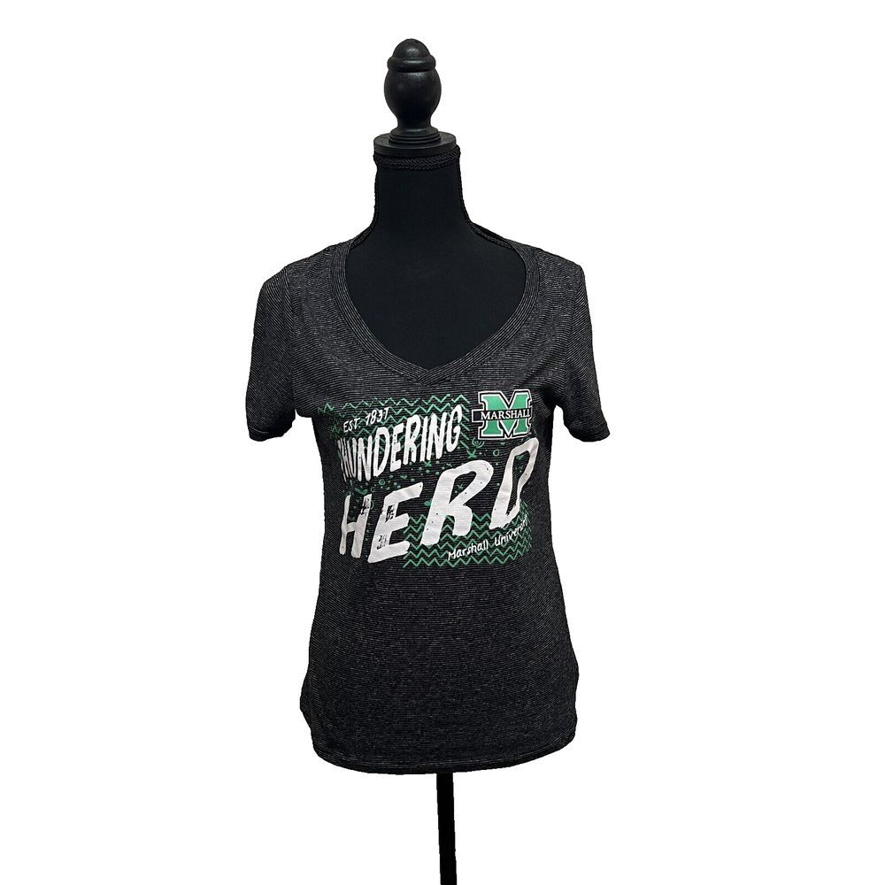 Marshall Thundering Herd V-Neck Shirt Womens Size Large (Est) Black Micro Stripe